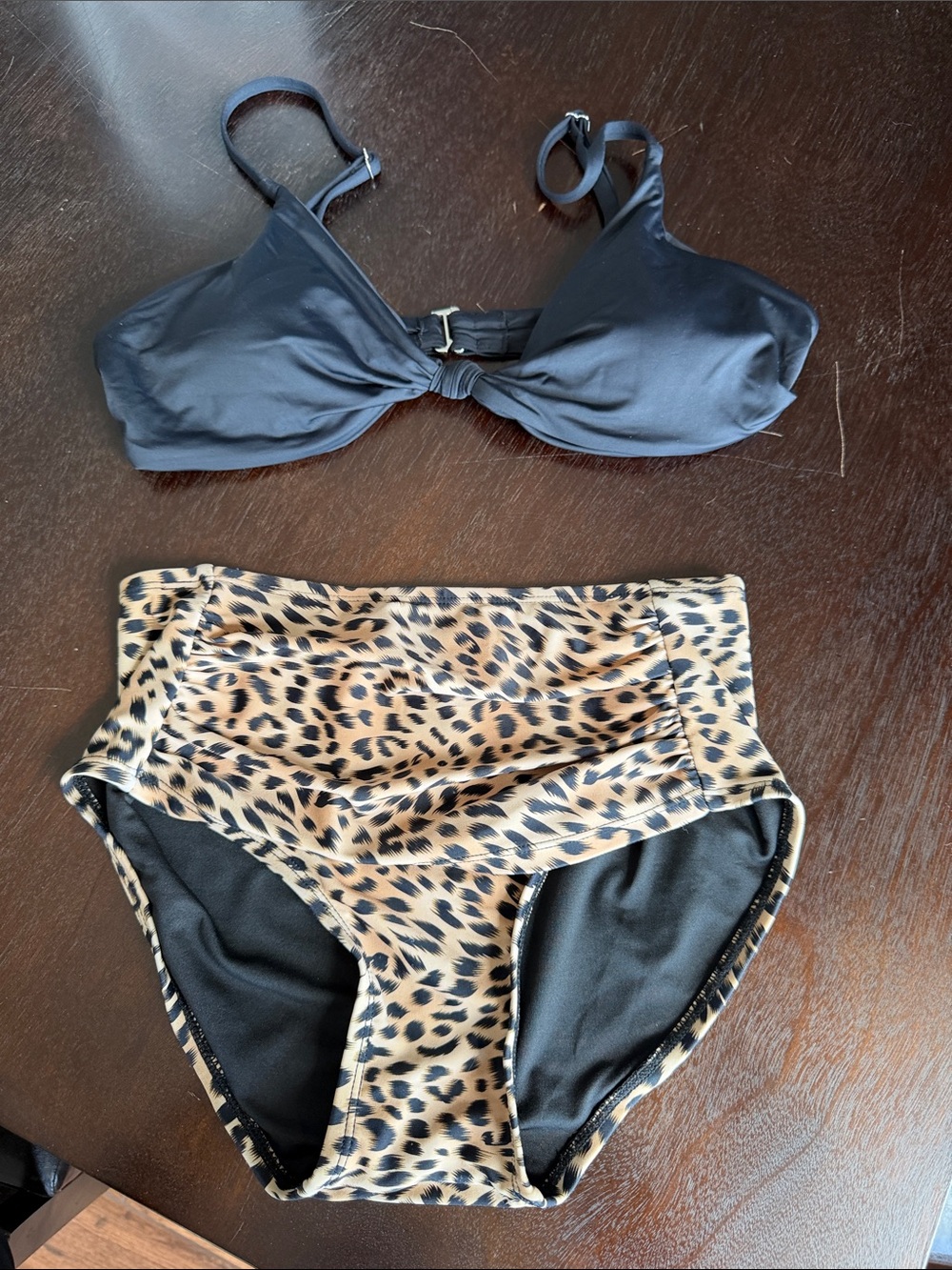 Women’s 2 Piece Swim Set - Black Top & Leopard High-Waist Bottom
